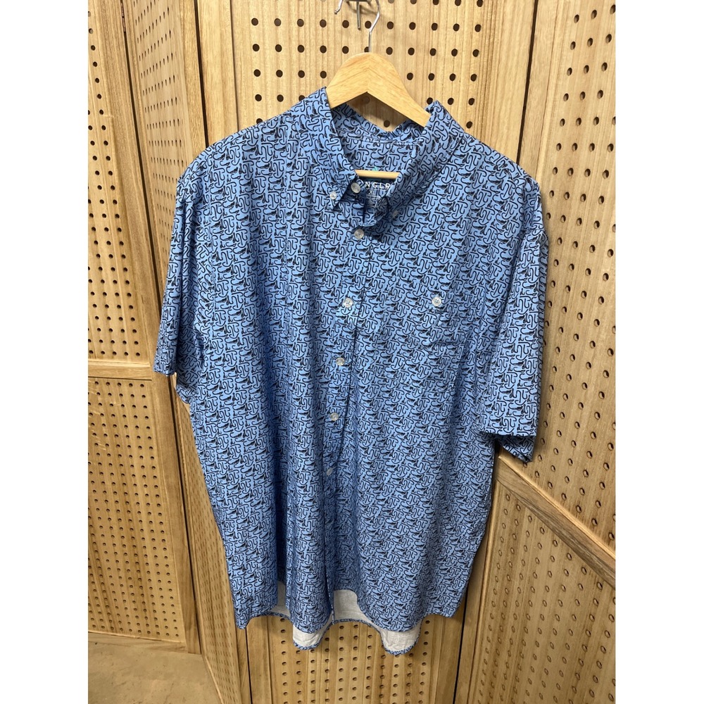 ANGLR Mens XL Fishing Hook Print Button Down Shirt Short Sleeve Blue Lightweight